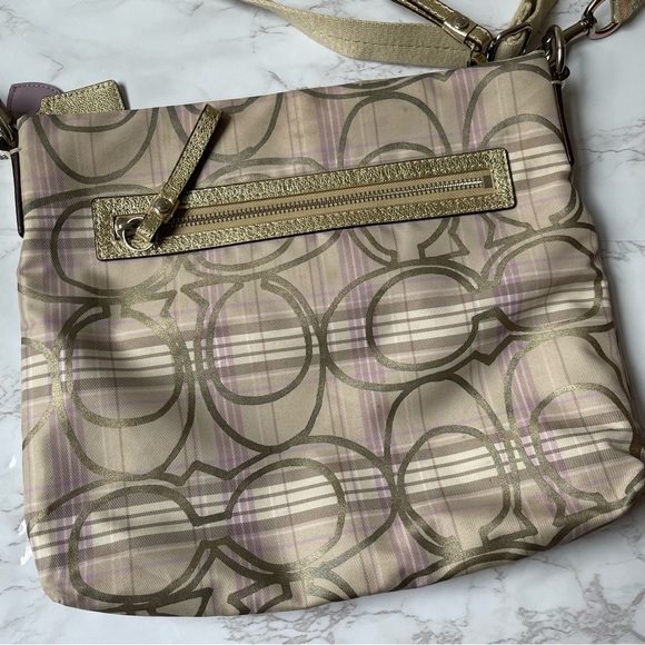 COACH Signature Lavender/Gold/Cream Plaid Hobo Crossbody Messenger Bag Zip - Picture 5 of 6